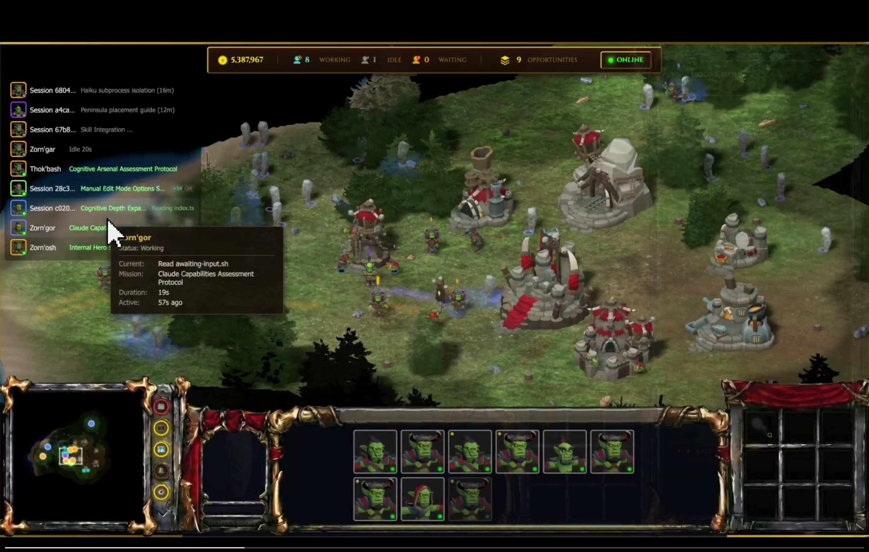 Agentcraft IDE showing a Warcraft-style interface with multiple coding agents